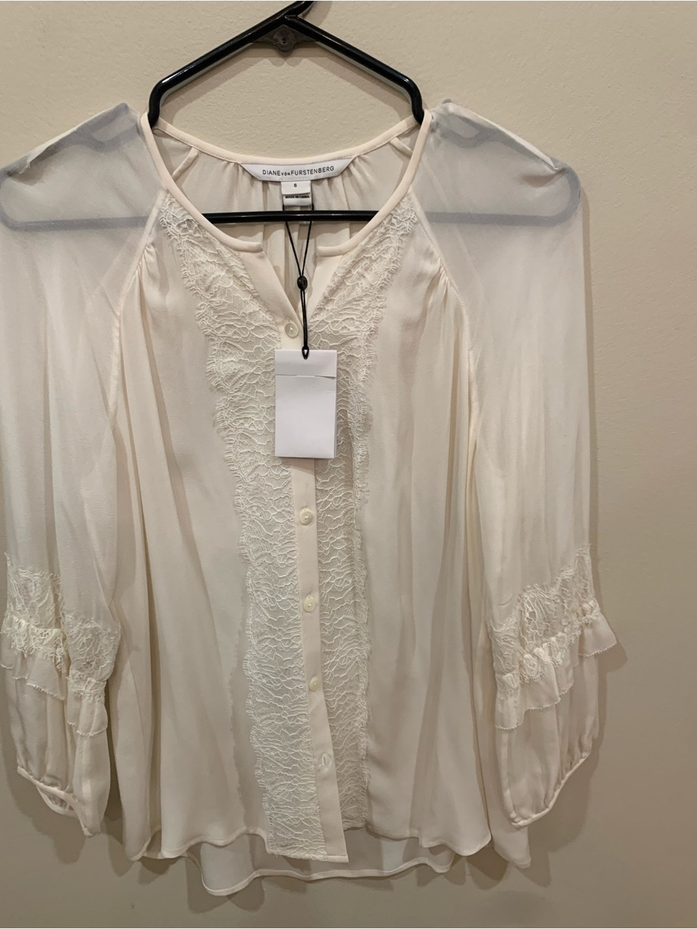 Diane von Furstenberg Ivory Lace-Trim Silk Blouse